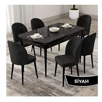 Canisa Roe Serisi 80x132 Açılabilir Siyah Mermer Desen Mutfak Masası Takımı ve 6 Adet Siyah Sandalye
