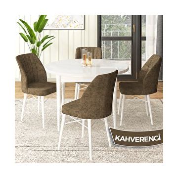 Canisa Rox Serisi Yuvarlak Mutfak Masa Takımı Beyaz Masa ve 4 Kahverengi Sandalye