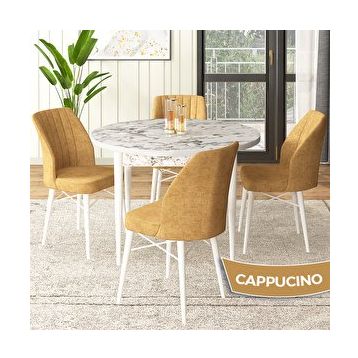 Canisa Rox Serisi Yuvarlak Mutfak Masa Takımı Beyaz Mermer Desen Masa ve 4 Cappucino Sandalye