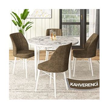 Canisa Rox Serisi Yuvarlak Mutfak Masa Takımı Beyaz Mermer Desen Masa ve 4 Kahverengi Sandalye
