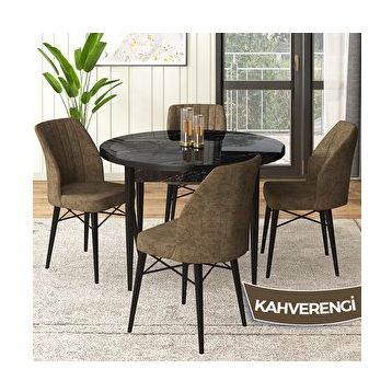 Canisa Rox Serisi Yuvarlak Mutfak Masa Takımı Siyah Mermer Desen Masa ve 4 Kahverengi Sandalye
