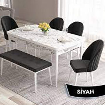 Canisa Roz Serisi 80x132 Açılabilir Beyaz Doğal Ahşap Ayak 4 Antrasit Sandalye Ve 1 Bench Antrasit Masa Takımı