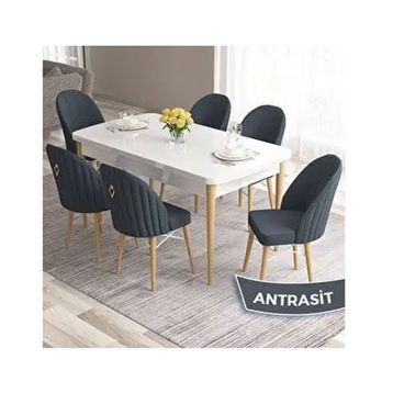 Canisa Roz Serisi 80x132 Açılabilir Beyaz Doğal Ahşap Ayak Masa Takımı ve 6 Adet Antrasit Sandalye