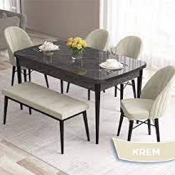 Canisa Roz Serisi 80x132 Açılabilir Siyah Mermer Desen 4 Krem Sandalye ve 1 Bench Krem Masa Takımı