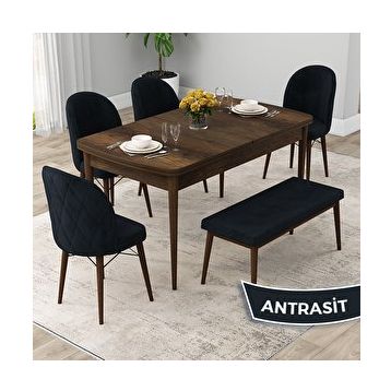 Canisa Rut Serisi 80x132 Açılabilir Barok Ahşap Desen Mutfak Masası Takımı ve 4 Antrasit Sandalye ve Antrasit 1 Bench