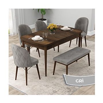 Canisa Rut Serisi 80x132 Açılabilir Barok Ahşap Desen Mutfak Masası Takımı ve 4 Gri Sandalye ve Gri 1 Bench