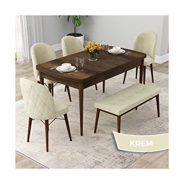 Canisa Rut Serisi 80x132 Açılabilir Barok Ahşap Desen Mutfak Masası Takımı ve 4 Krem Sandalye ve Krem 1 Bench