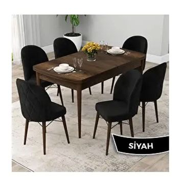 Canisa Rut Serisi 80x132 Açılabilir Barok Ahşap Desen Mutfak Masası Takımı ve 6 Adet Siyah Sandalye