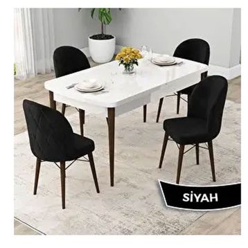Canisa Rut Serisi 80x132 Açılabilir Beyaz Masa Ceviz Ayak Mutfak Masası Takımı ve 4 Adet Siyah Sandalye