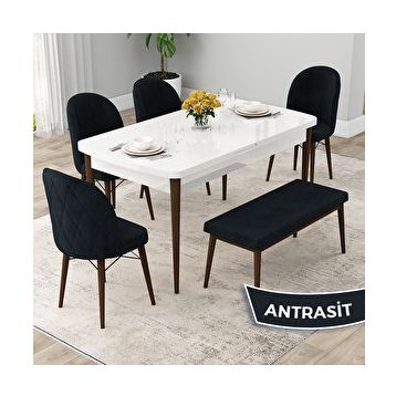 Canisa Rut Serisi 80x132 Açılabilir Beyaz Masa Ceviz Ayak Mutfak Masası Takımı ve 4 Antrasit Sandalye ve Antrasit 1 Bench