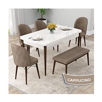 Canisa Rut Serisi 80x132 Açılabilir Beyaz Masa Ceviz Ayak Mutfak Masası Takımı ve 4 Cappucino Sandalye ve Cappucino 1 Bench