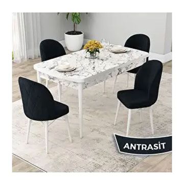 Canisa Rut Serisi 80x132 Açılabilir Beyaz Mermer Desen Mutfak Masası Takımı ve 4 Adet Antrasit Sandalye
