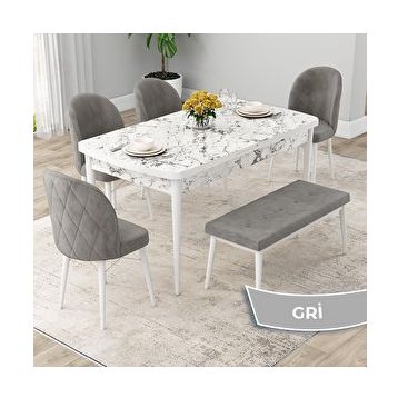 Canisa Rut Serisi 80x132 Açılabilir Beyaz Mermer Desen Mutfak Masası Takımı ve 4 Gri Sandalye ve Gri 1 Bench