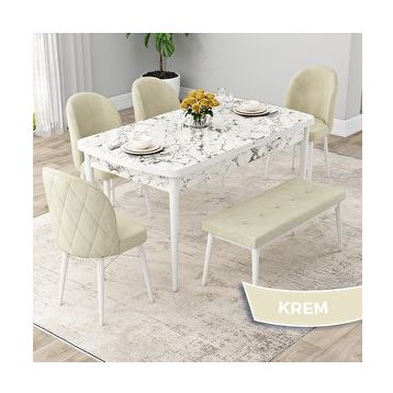 Canisa Rut Serisi 80x132 Açılabilir Beyaz Mermer Desen Mutfak Masası Takımı ve 4 Krem Sandalye ve Krem 1 Bench