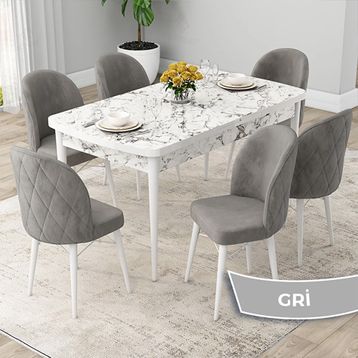Canisa Rut Serisi 80x132 Açılabilir Beyaz Mermer Desen Mutfak Masası Takımı ve 6 Adet Gri Sandalye