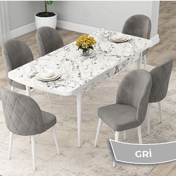 Canisa Rut Serisi 80x132 Açılabilir Beyaz Mermer Desen Mutfak Masası Takımı ve 6 Adet Gri Sandalye