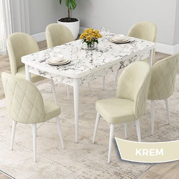 Canisa Rut Serisi 80x132 Açılabilir Beyaz Mermer Desen Mutfak Masası Takımı ve 6 Adet Krem Sandalye