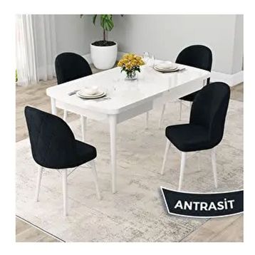 Canisa Rut Serisi 80x132 Açılabilir Beyaz Mutfak Masası Takımı ve 4 Adet Antrasit Sandalye
