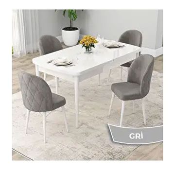 Canisa Rut Serisi 80x132 Açılabilir Beyaz Mutfak Masası Takımı ve 4 Adet Gri Sandalye