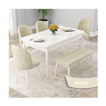 Canisa Rut Serisi 80x132 Açılabilir Beyaz Mutfak Masası Takımı ve 4 Krem Sandalye ve Krem 1 Bench