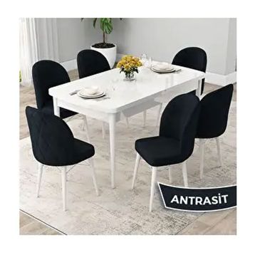 Canisa Rut Serisi 80x132 Açılabilir Beyaz Mutfak Masası Takımı ve 6 Adet Antrasit Sandalye