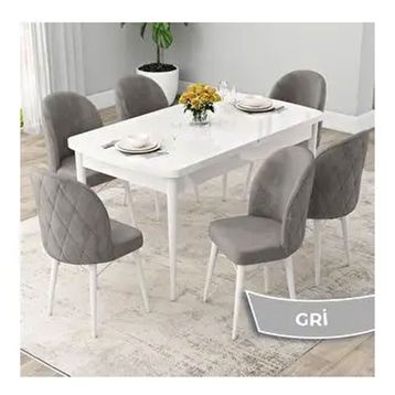 Canisa Rut Serisi 80x132 Açılabilir Beyaz Mutfak Masası Takımı ve 6 Adet Gri Sandalye