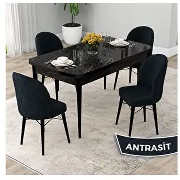 Canisa Rut Serisi 80x132 Açılabilir Siyah Mermer Desen Mutfak Masası Takımı ve 4 Adet Antrasit Sandalye