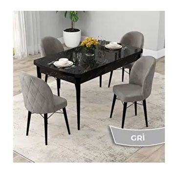 Canisa Rut Serisi 80x132 Açılabilir Siyah Mermer Desen Mutfak Masası Takımı ve 4 Adet Gri Sandalye