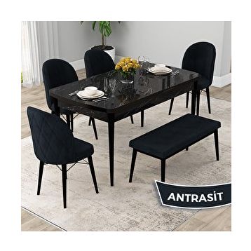 Canisa Rut Serisi 80x132 Açılabilir Siyah Mermer Desen Mutfak Masası Takımı ve 4 Antrasit Sandalye ve Antrasit 1 Bench