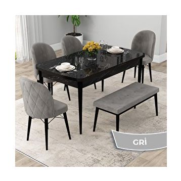 Canisa Rut Serisi 80x132 Açılabilir Siyah Mermer Desen Mutfak Masası Takımı ve 4 Gri Sandalye ve Gri 1 Bench