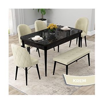 Canisa Rut Serisi 80x132 Açılabilir Siyah Mermer Desen Mutfak Masası Takımı ve 4 Krem Sandalye ve Krem 1 Bench