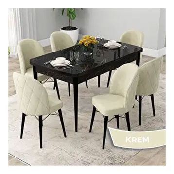 Canisa Rut Serisi 80x132 Açılabilir Siyah Mermer Desen Mutfak Masası Takımı ve 6 Adet Krem Sandalye