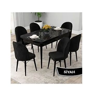 Canisa Rut Serisi 80x132 Açılabilir Siyah Mermer Desen Mutfak Masası Takımı ve 6 Adet Siyah Sandalye