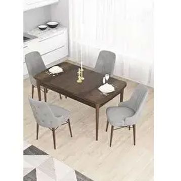 Canisa Taç Serisi 4 Sandalye Gold Halkalı Gri 80x132 Açılabilir Barok Ahşap Desen Mutfak Masası Takımı