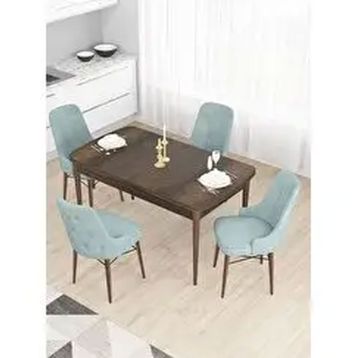 Canisa Taç Serisi 4 Sandalye Gold Halkalı Su Yeşili 80x132 Açılabilir Barok Ahşap Desen Mutfak Masası Takımı