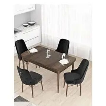 Canisa Taç Serisi 4 Sandalye Gümüş Halkalı Siyah 80x132 Açılabilir Barok Ahşap Desen Mutfak Masası Takımı