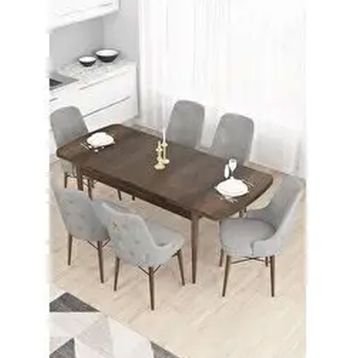 Canisa Taç Serisi 6 Sandalye Gold Halkalı Gri 80x132 Açılabilir Barok Ahşap Desen Mutfak Masası Takımı