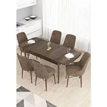 Canisa Taç Serisi 6 Sandalye Gold Halkalı Kahverengi 80x132 Açılabilir Barok Ahşap Desen Mutfak Masası Takımı