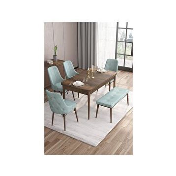 Canisa Taç Serisi 80x132 cm Açılabilir Barok Ahşap Desen 4 Sandalye Gold Halkalı 1 Bench Su Yeşili Mutfak Masası Takımı