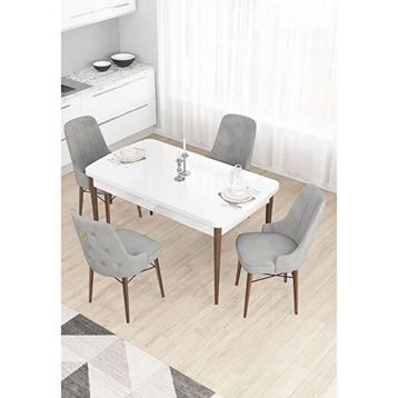 Canisa Taç Serisi 80x132 cm Açılabilir Beyaz Masa Ceviz Ayak 4 Sandalye Gold Halkalı Gri Mutfak Masası Takımı