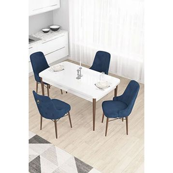 Canisa Taç Serisi 80x132 cm Açılabilir Beyaz Masa Ceviz Ayak 4 Sandalye Gold Halkalı Lacivert Mutfak Masası Takımı