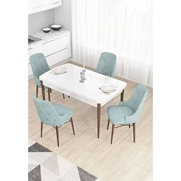 Canisa Taç Serisi 80x132 cm Açılabilir Beyaz Masa Ceviz Ayak 4 Sandalye Gold Halkalı Su Yeşili Mutfak Masası Takımı