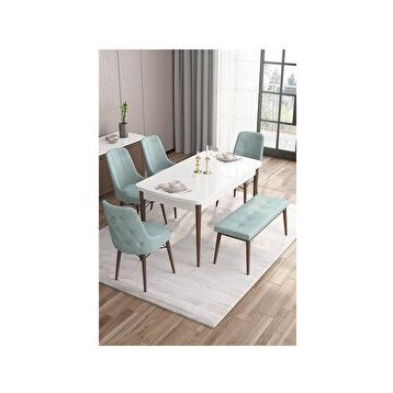 Canisa Taç Serisi 80x132 cm Açılabilir Beyaz Masa Ceviz Ayak 4 Sandalye Gümüş Halkalı 1 Bench Su Yeşili Mutfak Masası Takımı