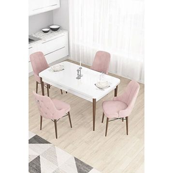 Canisa Taç Serisi 80x132 cm Açılabilir Beyaz Masa Ceviz Ayak 4 Sandalye Gümüş Halkalı Pembe Mutfak Masası Takımı
