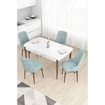Canisa Taç Serisi 80x132 cm Açılabilir Beyaz Masa Ceviz Ayak 4 Sandalye Gümüş Halkalı Su Yeşili Mutfak Masası Takımı