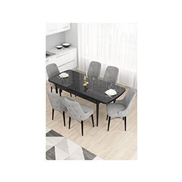 Canisa Taç Serisi 80x132 MDF Açılabilir Siyah Mermer Desen Masa Takımı Gold Halkalı Gri 6 Sandalye