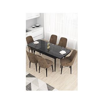 Canisa Taç Serisi 80x132 MDF Açılabilir Siyah Mermer Desen Masa Takımı Gold Halkalı Kahverengi 6 Sandalye