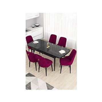 Canisa Taç Serisi 80x132 MDF Açılabilir Siyah Mermer Desen Masa Takımı Gold Halkalı Mürdüm 6 Sandalye