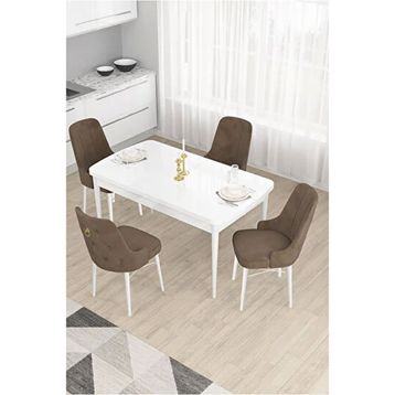 Canisa Taç Serisi Beyaz 80x132 cm Açılabilir 4 Sandalye Gold Halkalı Kahverengi Mutfak Masa Takımı