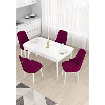 Canisa Taç Serisi Beyaz 80x132 cm Açılabilir 4 Sandalye Gold Halkalı Mürdüm Mutfak Masa Takımı
